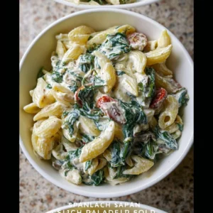 Bowl of Spinach Dip Pasta Salad with green vegetables and creamy dressing