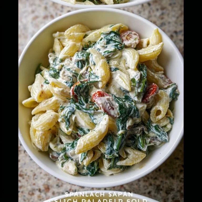 Bowl of Spinach Dip Pasta Salad with green vegetables and creamy dressing