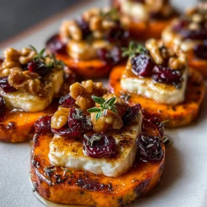 Sweet potato rounds topped with brie, cranberries, walnuts, and hot honey drizzle