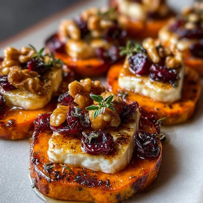 Sweet potato rounds topped with brie, cranberries, walnuts, and hot honey drizzle