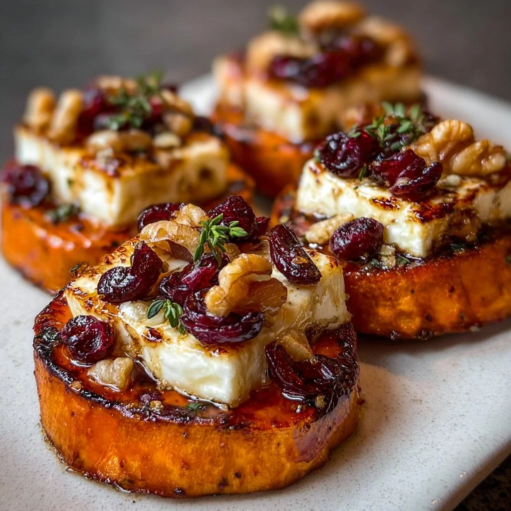 Sweet Potato Rounds with Brie, Cranberries & Toasted Walnuts with a Hot Honey Drizzle