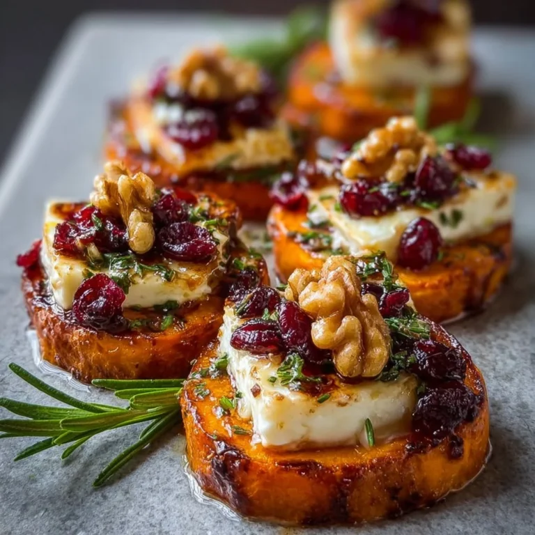 Sweet potato rounds topped with brie, cranberries, and walnuts on a serving platter.