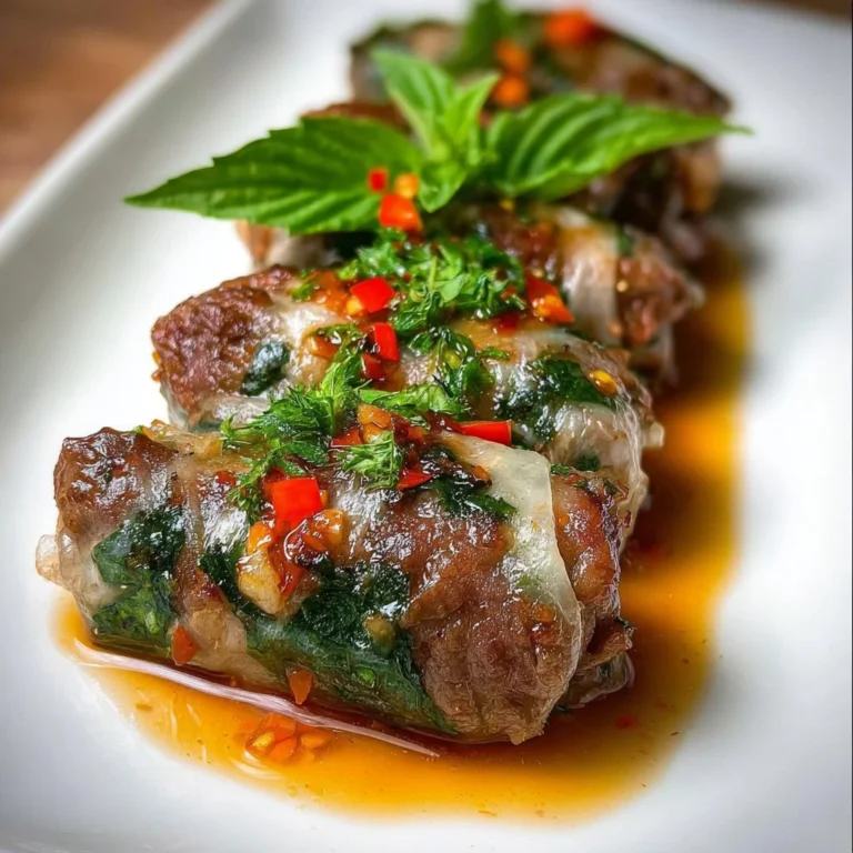 Thai Basil Beef Rolls garnished with fresh basil and served on a plate
