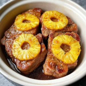 Crock pot pork chops with pineapple slices and soy sauce for a sweet and salty dinner.