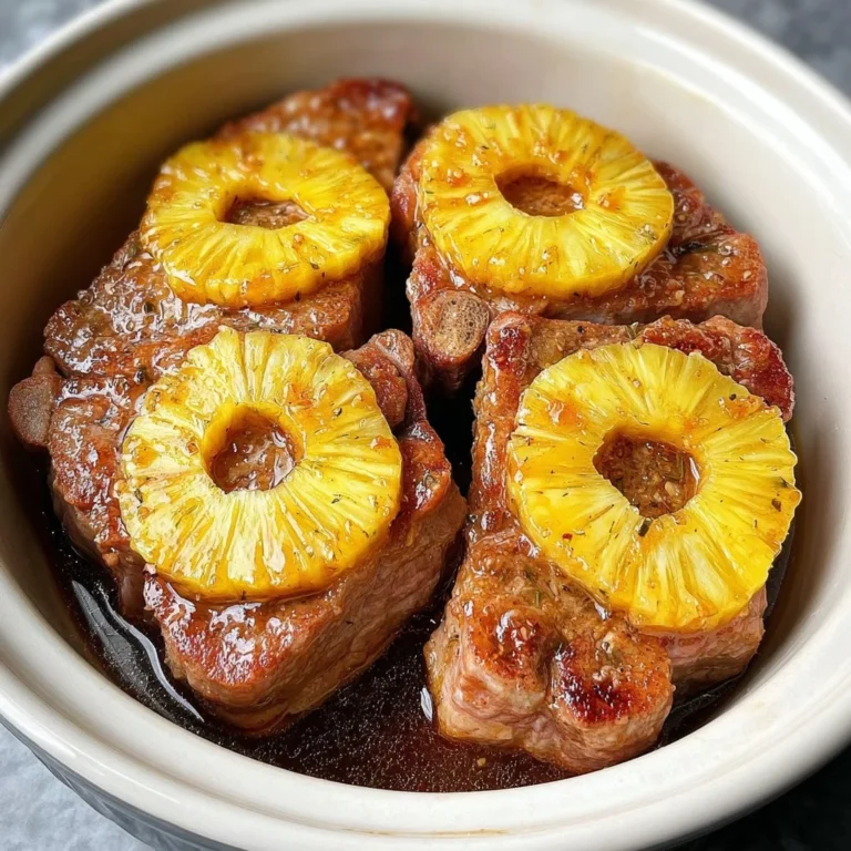 Crock pot pork chops with pineapple slices and soy sauce for a sweet and salty dinner.